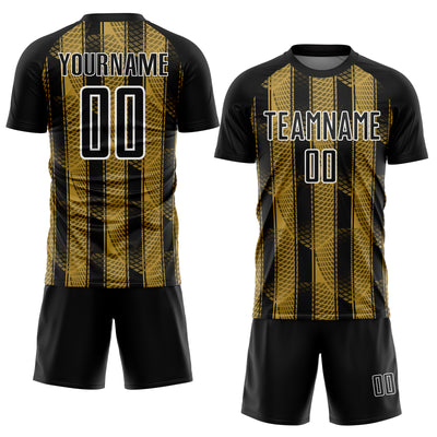 Custom Black Old Gold-White Abstract Network Sublimation Soccer Uniform Jersey