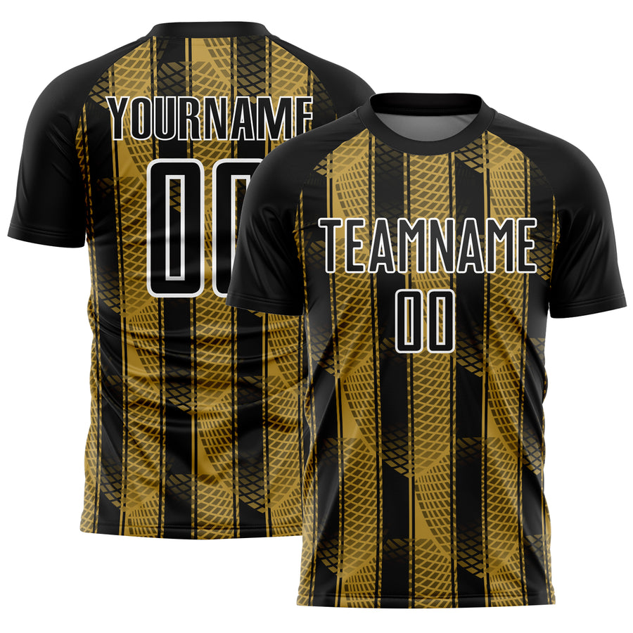 Custom Black Old Gold-White Abstract Network Sublimation Soccer Uniform Jersey