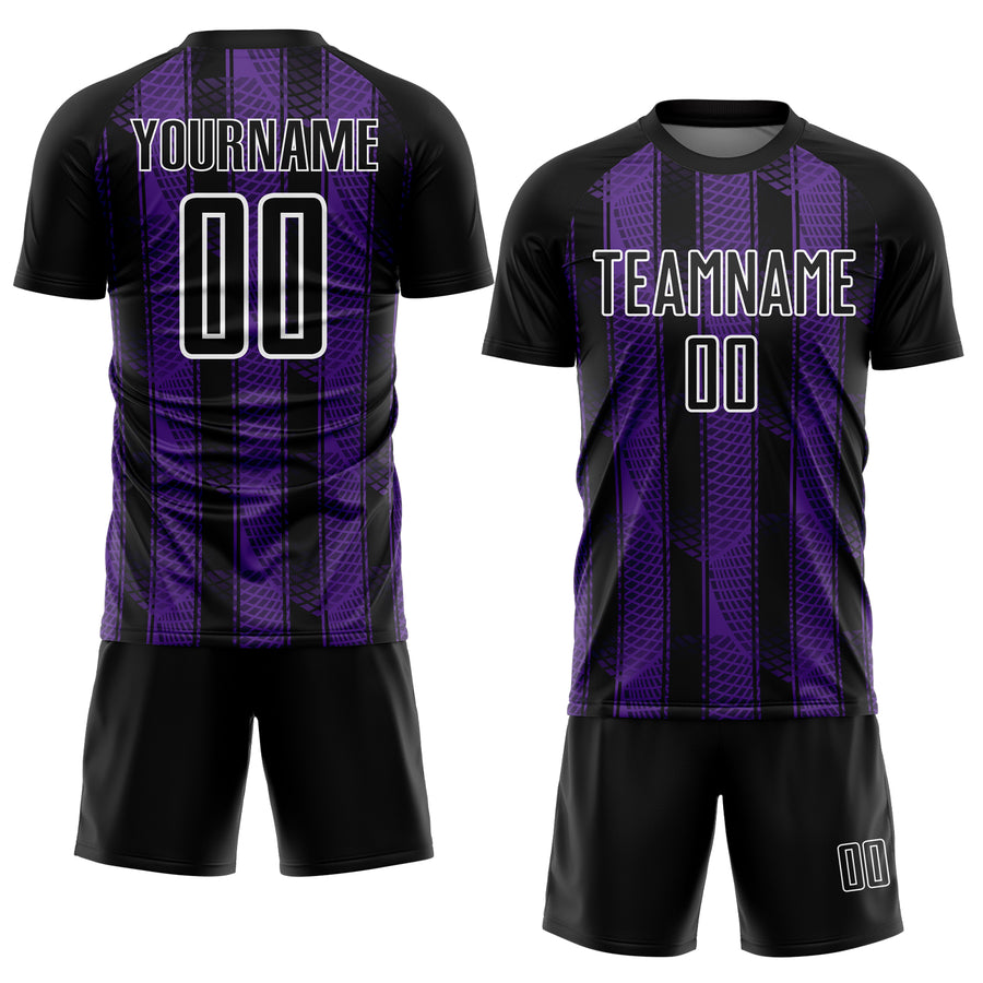 Custom Black Purple-White Abstract Network Sublimation Soccer Uniform Jersey