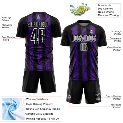 Custom Black Purple-White Abstract Network Sublimation Soccer Uniform Jersey