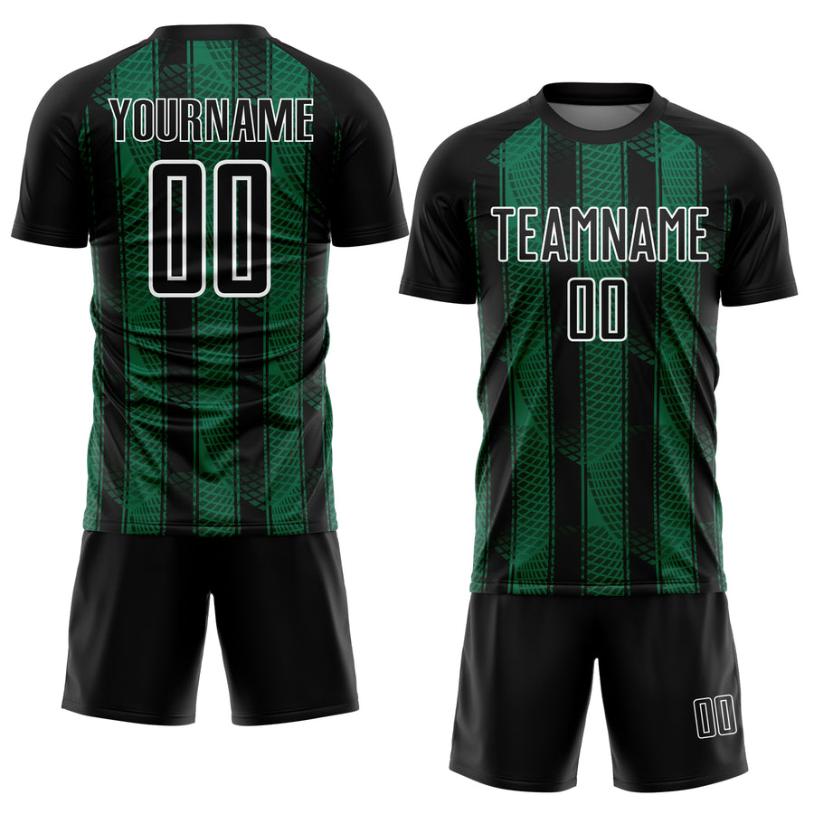 Custom Black Kelly Green-White Abstract Network Sublimation Soccer Uniform Jersey