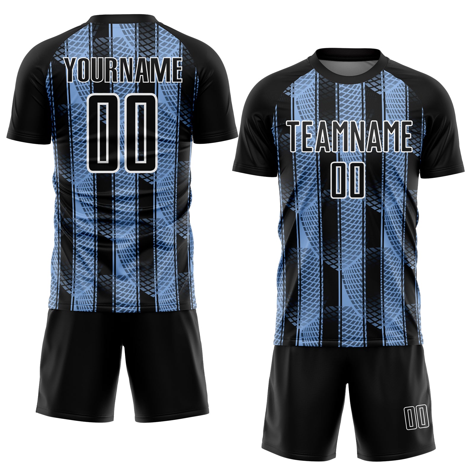 Custom Black Light Blue-White Abstract Network Sublimation Soccer Uniform Jersey