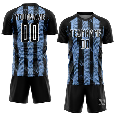 Custom Black Light Blue-White Abstract Network Sublimation Soccer Uniform Jersey