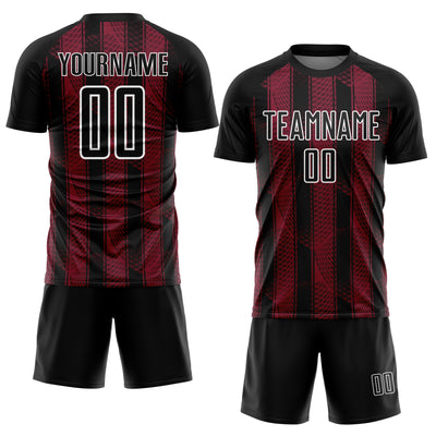 Custom Black Crimson-White Abstract Network Sublimation Soccer Uniform Jersey
