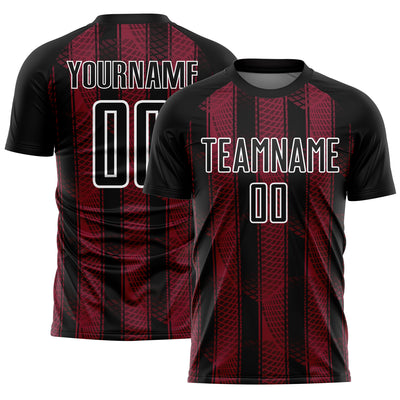 Custom Black Crimson-White Abstract Network Sublimation Soccer Uniform Jersey