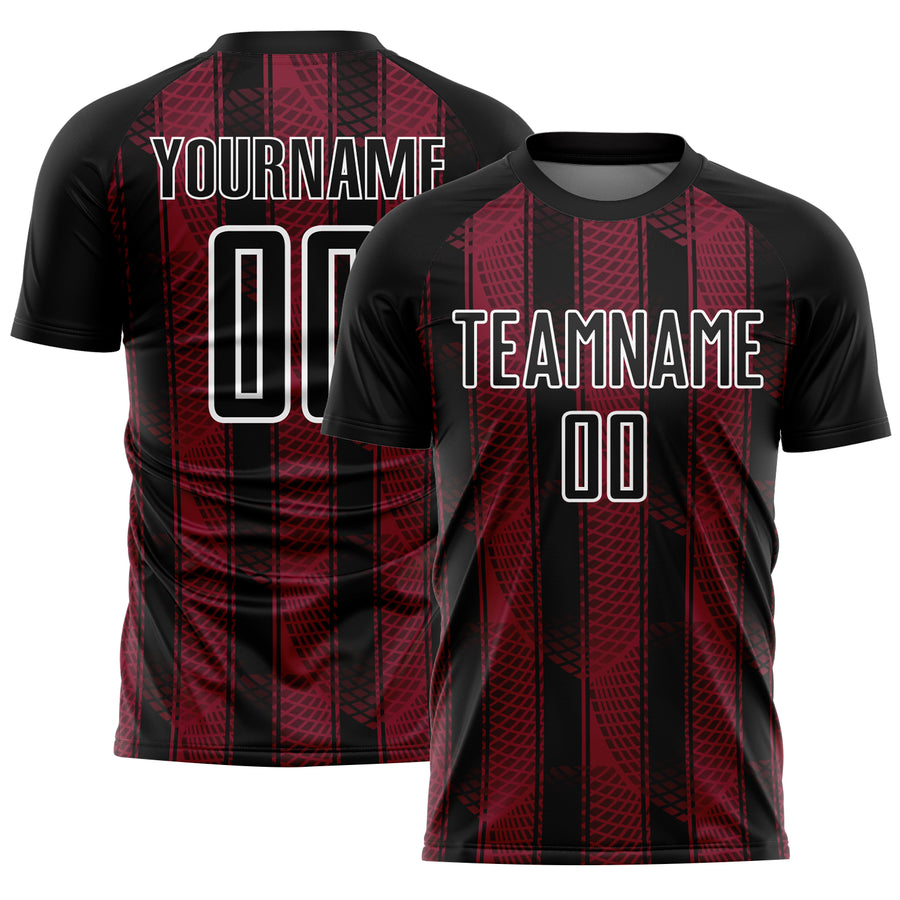 Custom Black Crimson-White Abstract Network Sublimation Soccer Uniform Jersey