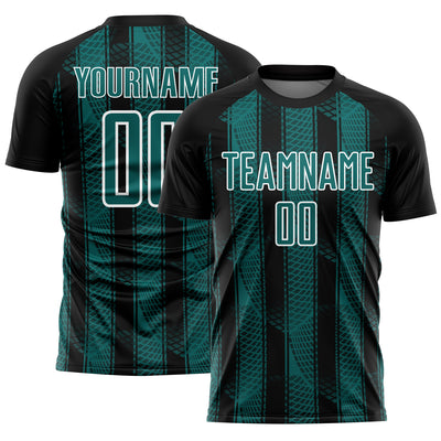 Custom Black Teal-White Abstract Network Sublimation Soccer Uniform Jersey