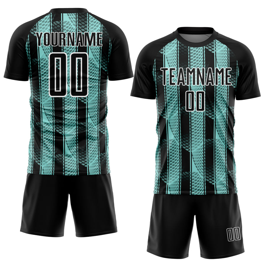 Custom Black Ice Blue-White Abstract Network Sublimation Soccer Uniform Jersey