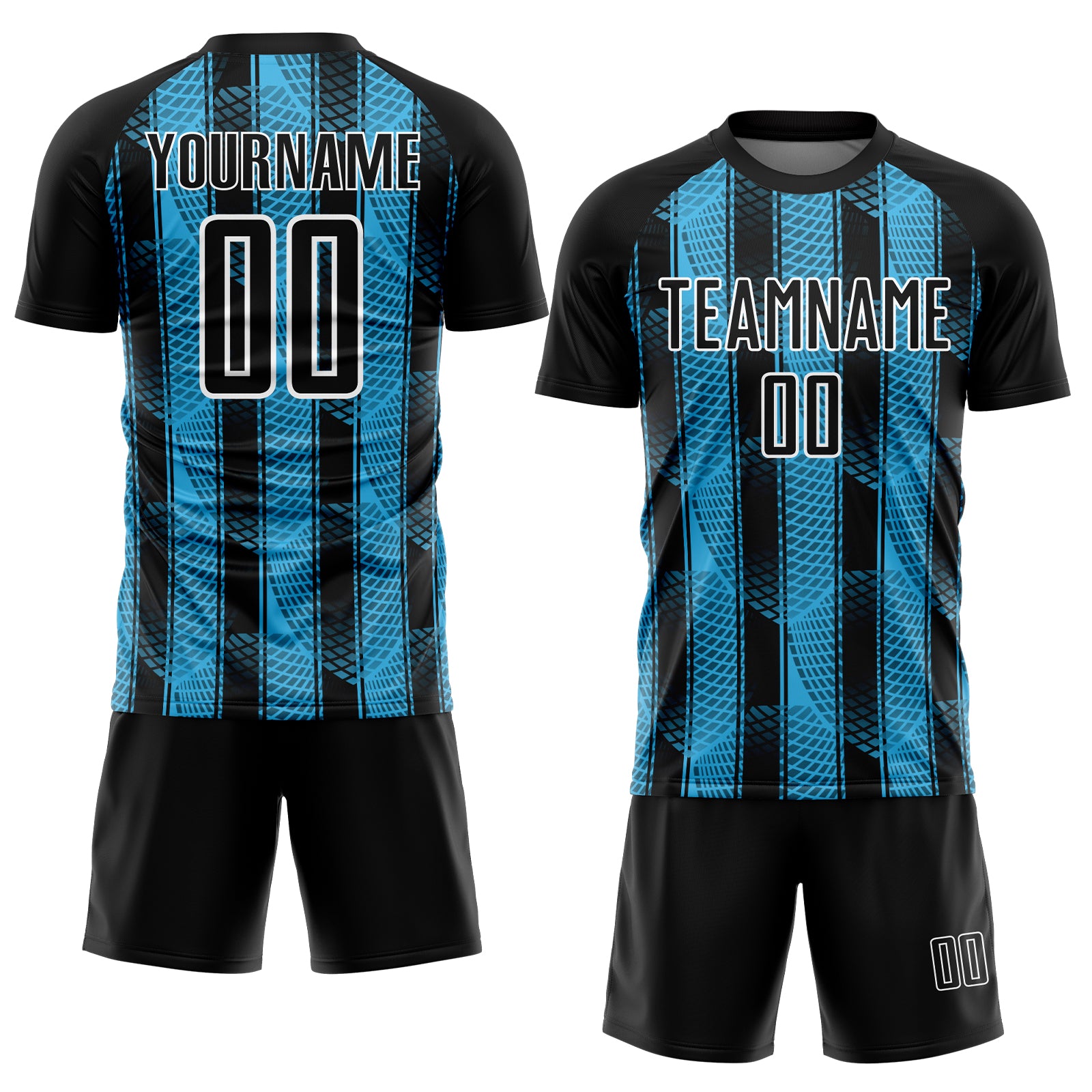 Custom Black Sky Blue-White Abstract Network Sublimation Soccer Uniform Jersey