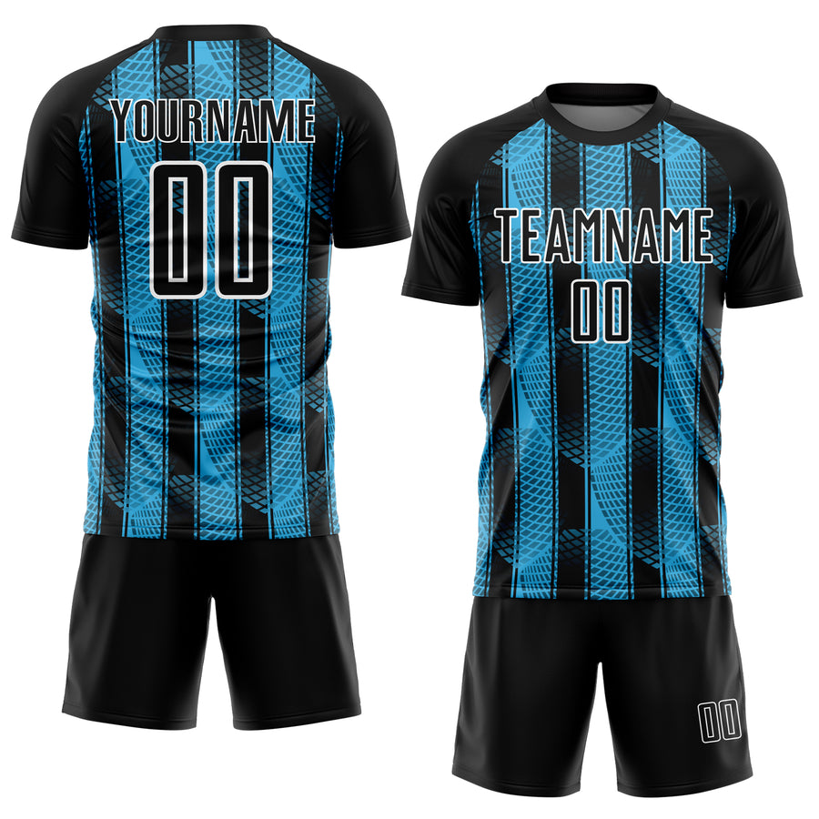 Custom Black Sky Blue-White Abstract Network Sublimation Soccer Uniform Jersey