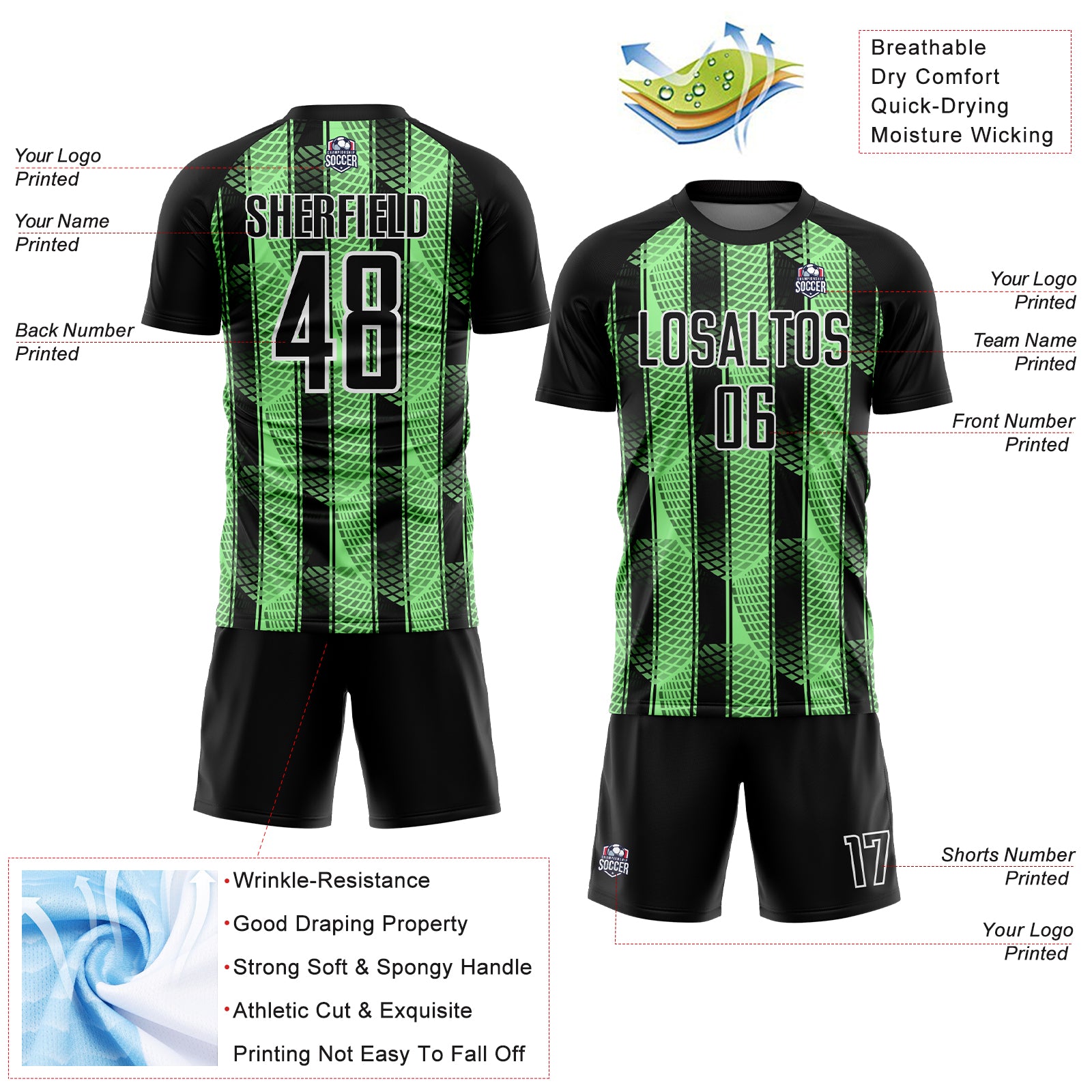 Custom Black Pea Green-White Abstract Network Sublimation Soccer Uniform Jersey