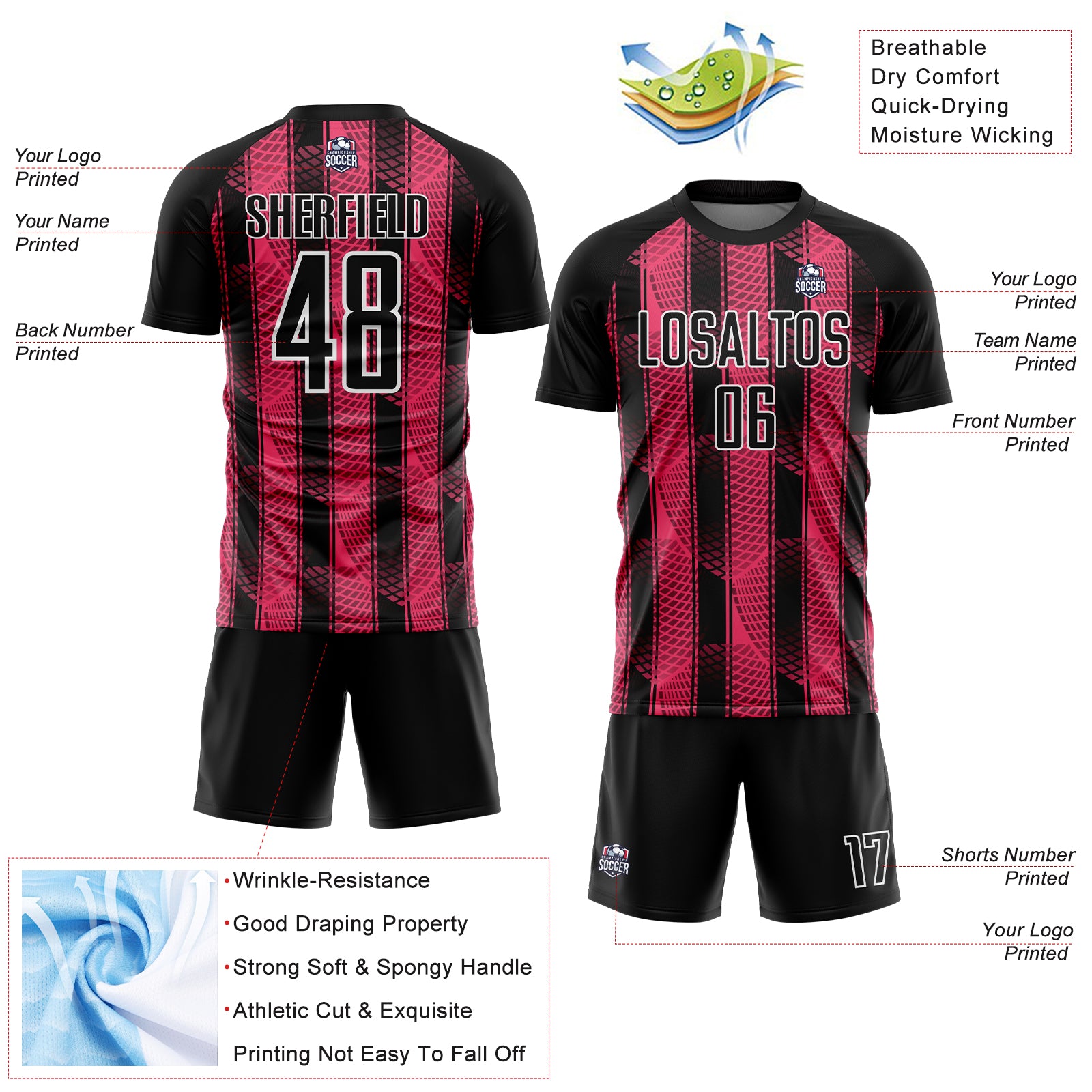 Custom Black Neon Pink-White Abstract Network Sublimation Soccer Uniform Jersey