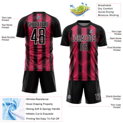 Custom Black Neon Pink-White Abstract Network Sublimation Soccer Uniform Jersey