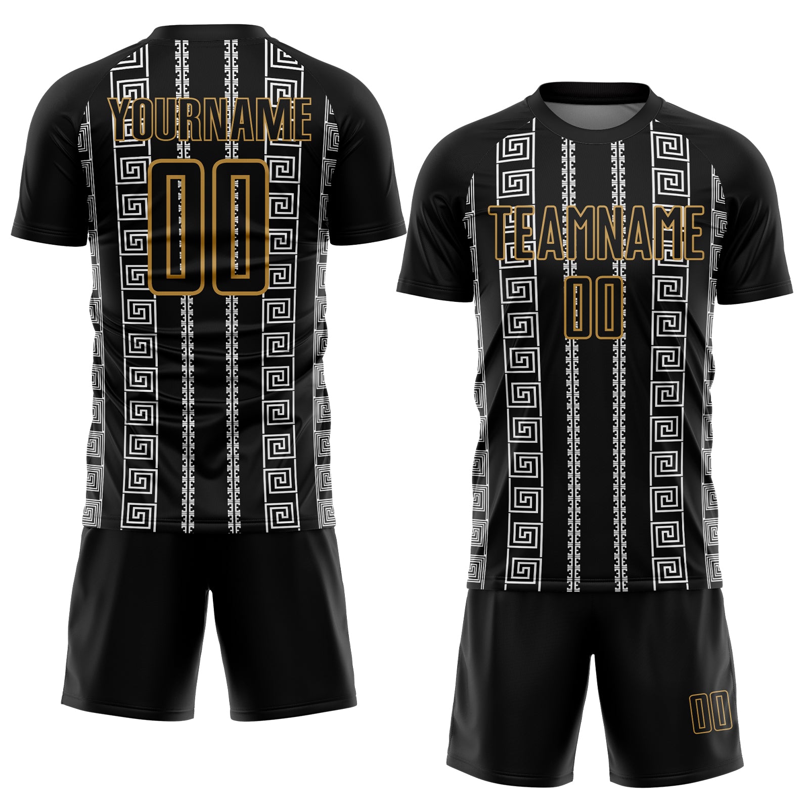 Custom Black Old Gold-White Geometric Shape Sublimation Soccer Uniform Jersey