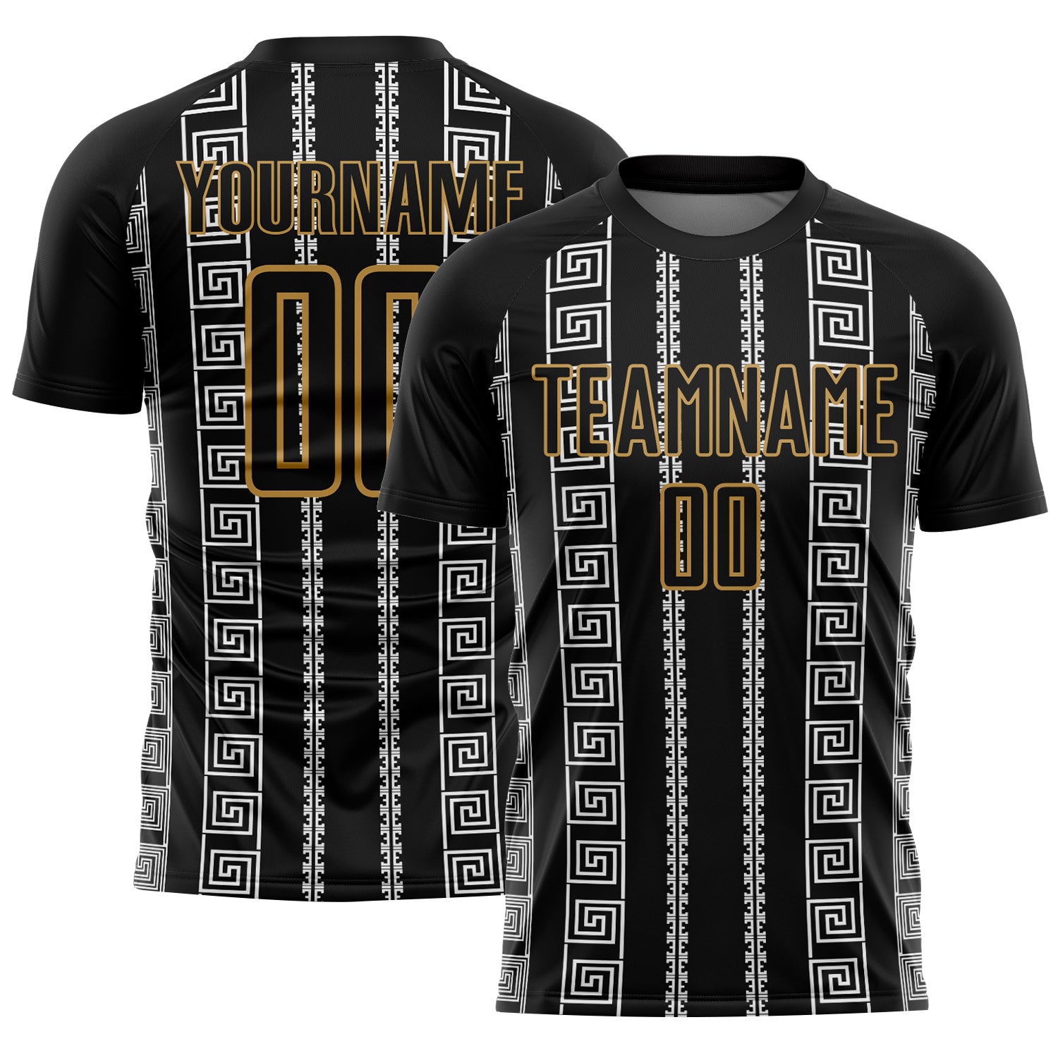 Custom Black Old Gold-White Geometric Shape Sublimation Soccer Uniform Jersey