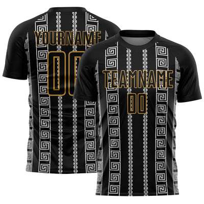 Custom Black Old Gold-White Geometric Shape Sublimation Soccer Uniform Jersey