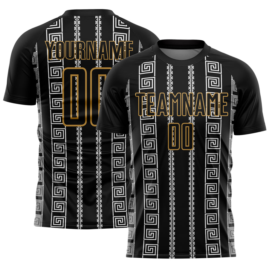 Custom Black Old Gold-White Geometric Shape Sublimation Soccer Uniform Jersey