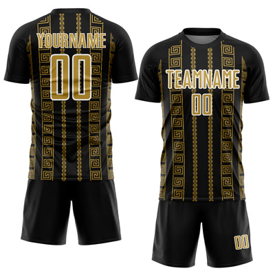 Custom Black Old Gold-White Geometric Shape Sublimation Soccer Uniform Jersey