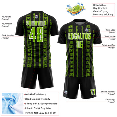 Custom Black Neon Green-White Geometric Shape Sublimation Soccer Uniform Jersey