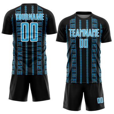 Custom Black Sky Blue-White Geometric Shape Sublimation Soccer Uniform Jersey