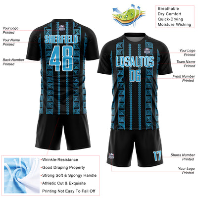 Custom Black Sky Blue-White Geometric Shape Sublimation Soccer Uniform Jersey