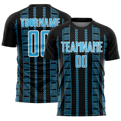 Custom Black Sky Blue-White Geometric Shape Sublimation Soccer Uniform Jersey