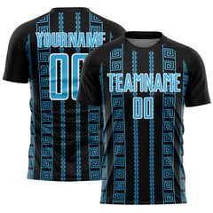 Custom Black Sky Blue-White Geometric Shape Sublimation Soccer Uniform Jersey