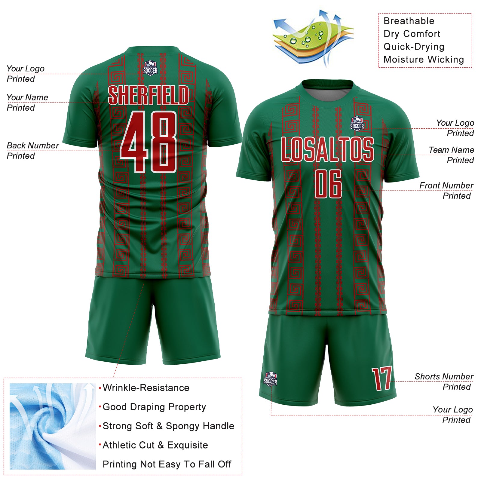 Custom Kelly Green Red-White Geometric Shape Sublimation Soccer Uniform Jersey
