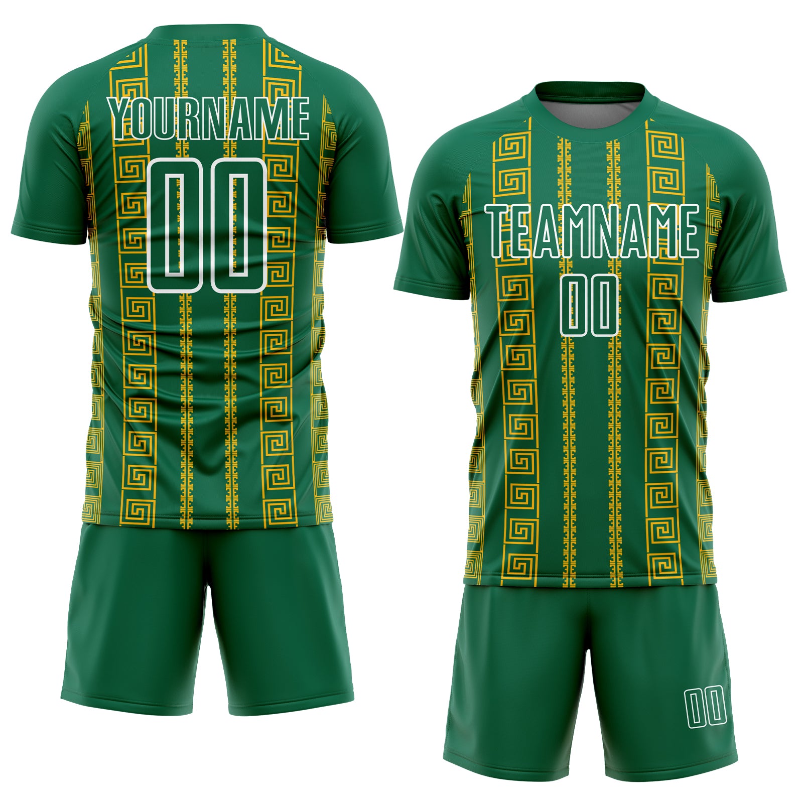 Custom Kelly Green Gold-White Geometric Shape Sublimation Soccer Uniform Jersey