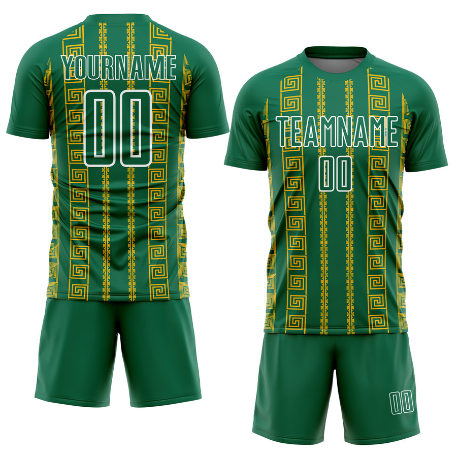 Custom Kelly Green Gold-White Geometric Shape Sublimation Soccer Uniform Jersey