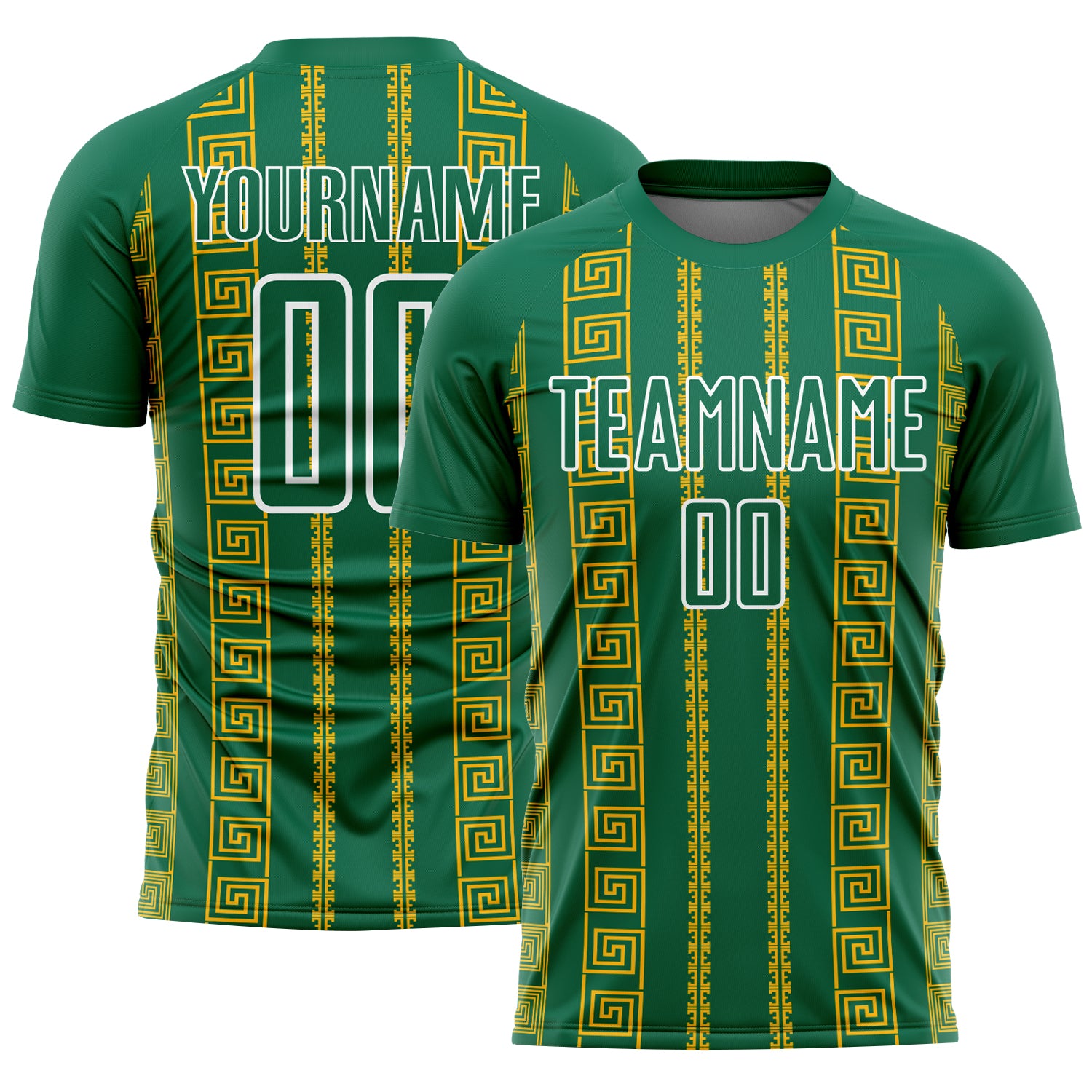 Custom Kelly Green Gold-White Geometric Shape Sublimation Soccer Uniform Jersey