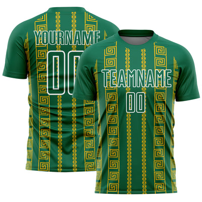 Custom Kelly Green Gold-White Geometric Shape Sublimation Soccer Uniform Jersey