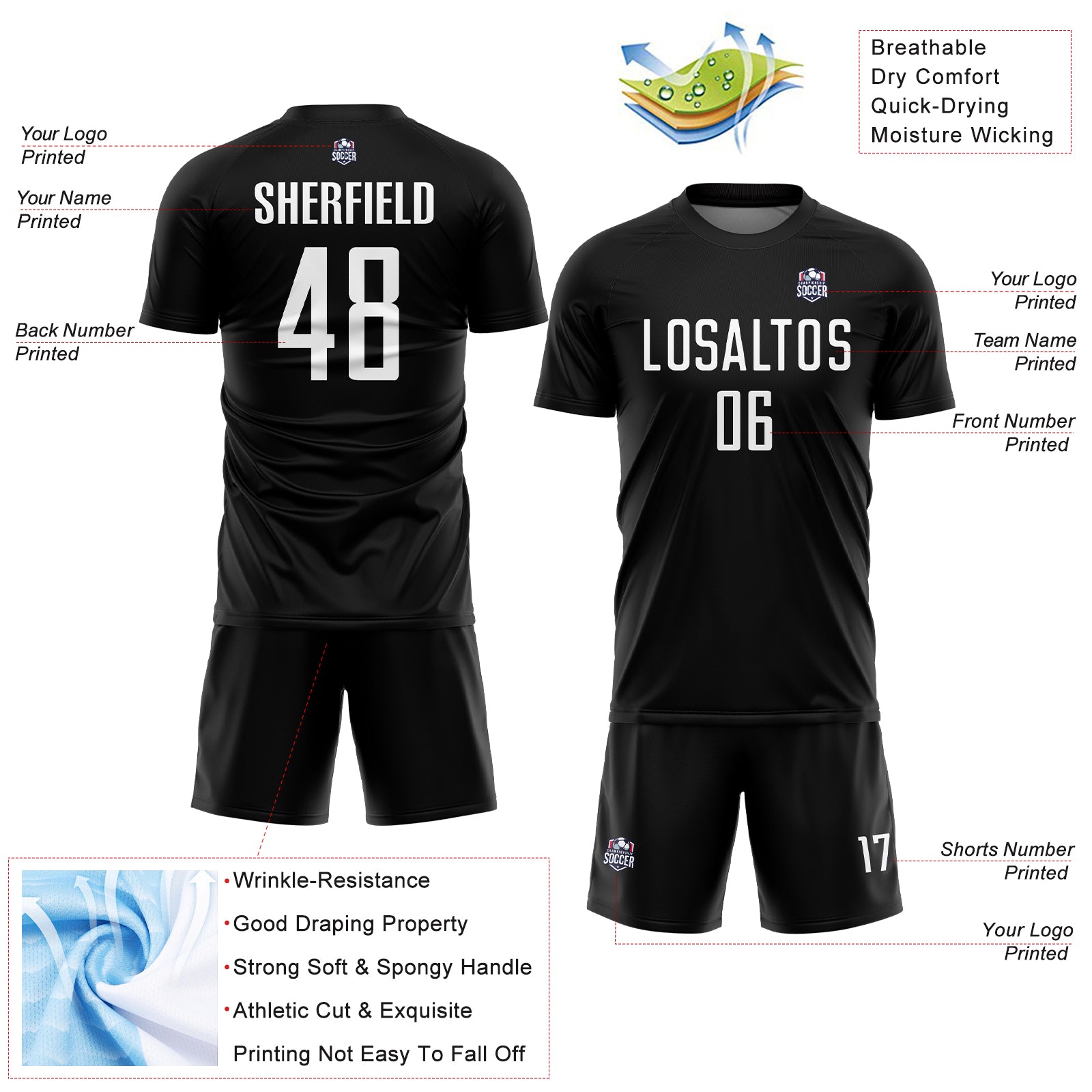 Custom Black White Sublimation Soccer Uniform Jersey