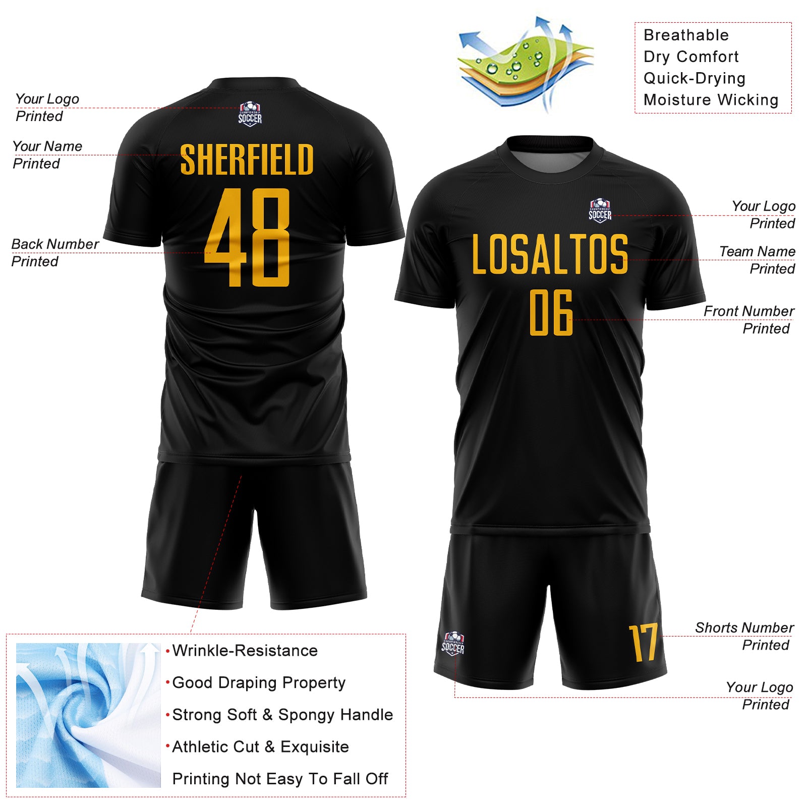 Custom Black Gold Sublimation Soccer Uniform Jersey