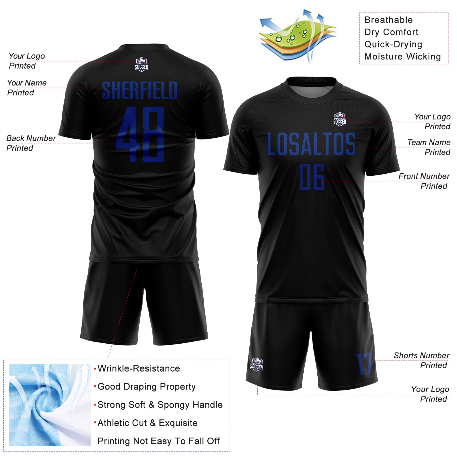 Custom Black Royal Sublimation Soccer Uniform Jersey