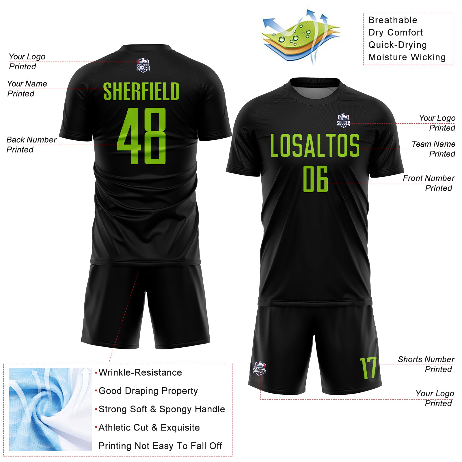 Custom Black Neon Green Sublimation Soccer Uniform Jersey