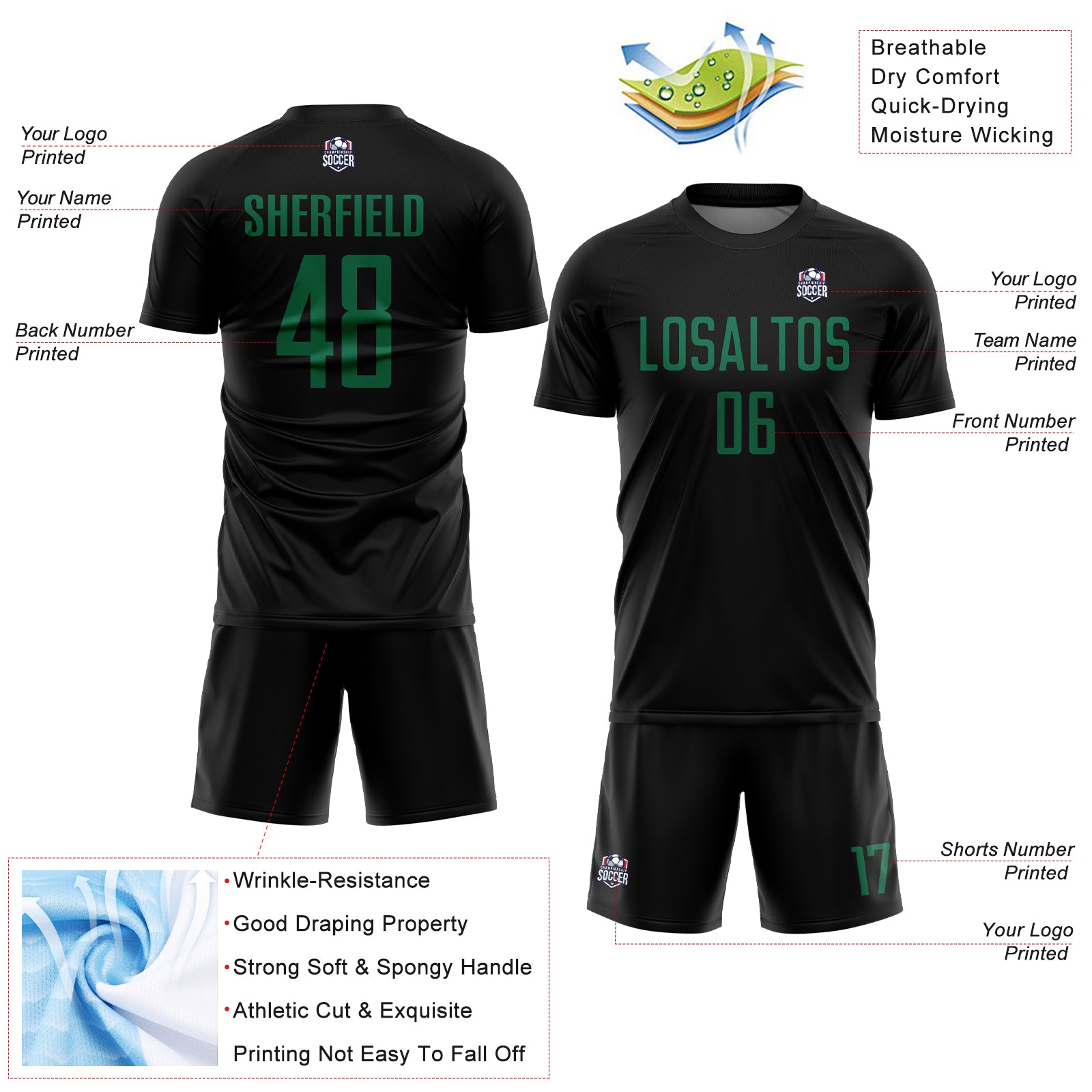 Custom Black Kelly Green Sublimation Soccer Uniform Jersey