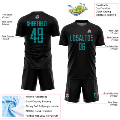 Custom Black Teal Sublimation Soccer Uniform Jersey