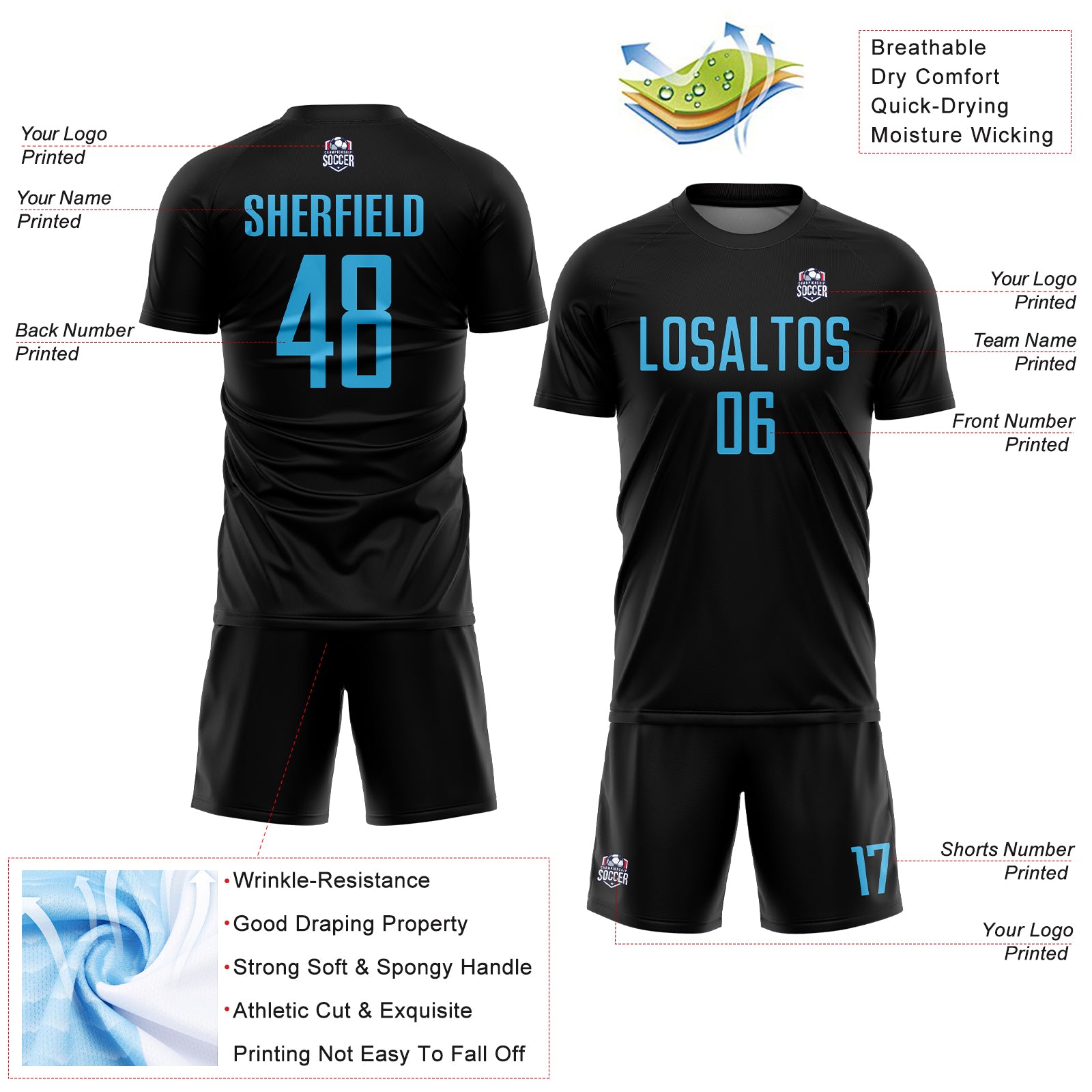 Custom Black Sky Blue Sublimation Soccer Uniform Jersey