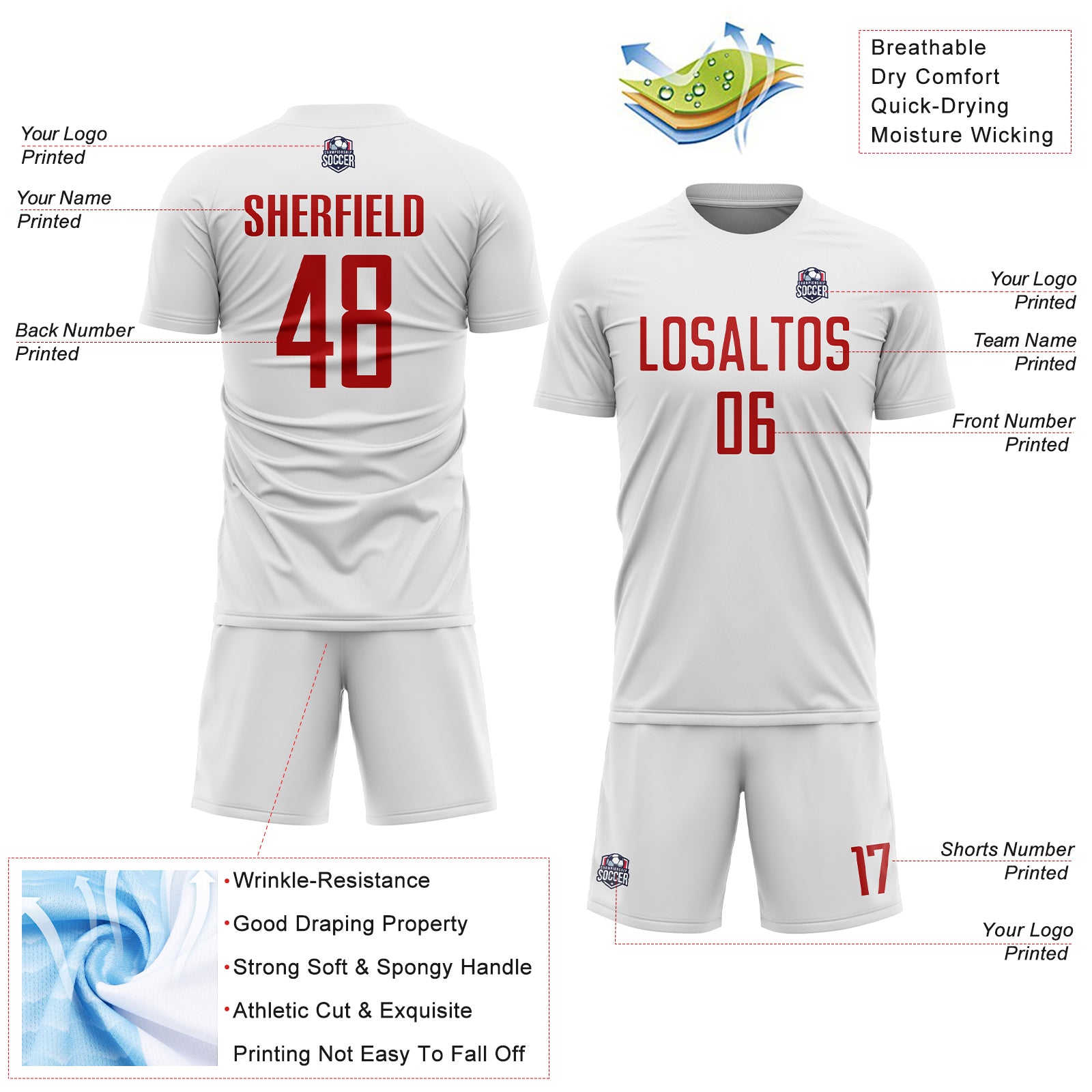 Custom White Red Sublimation Soccer Uniform Jersey