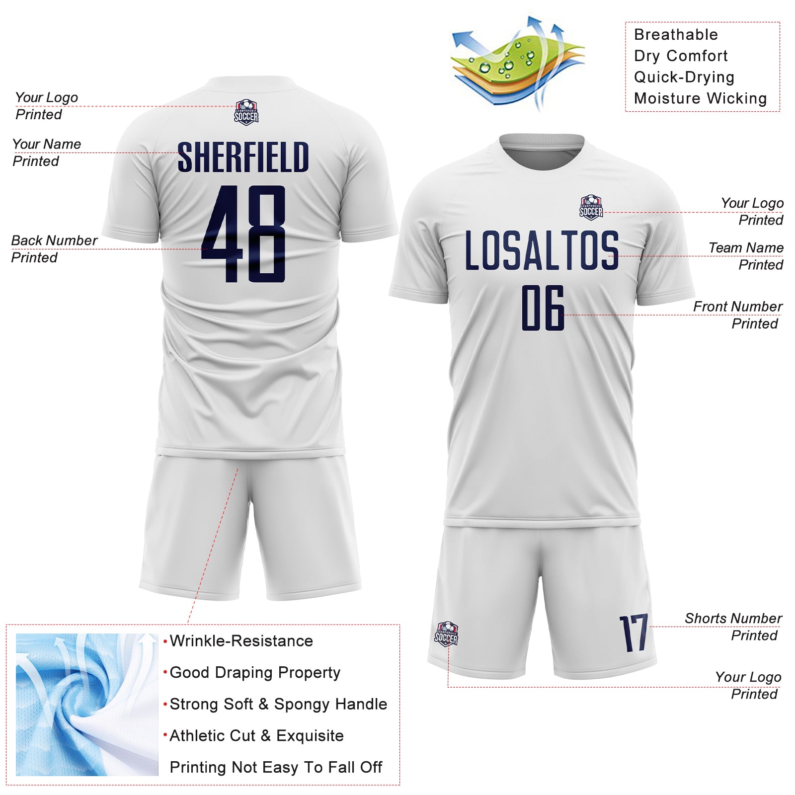 Custom White Navy Sublimation Soccer Uniform Jersey