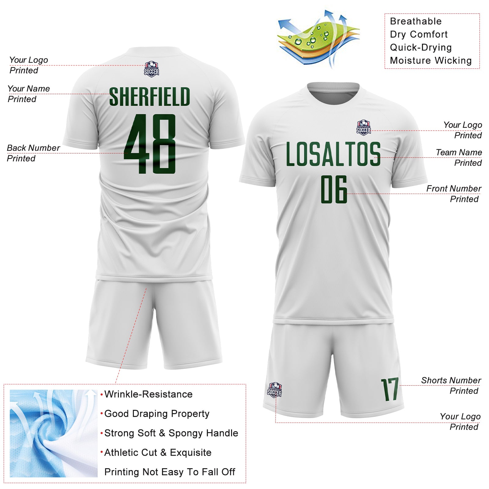 Custom White Green Sublimation Soccer Uniform Jersey