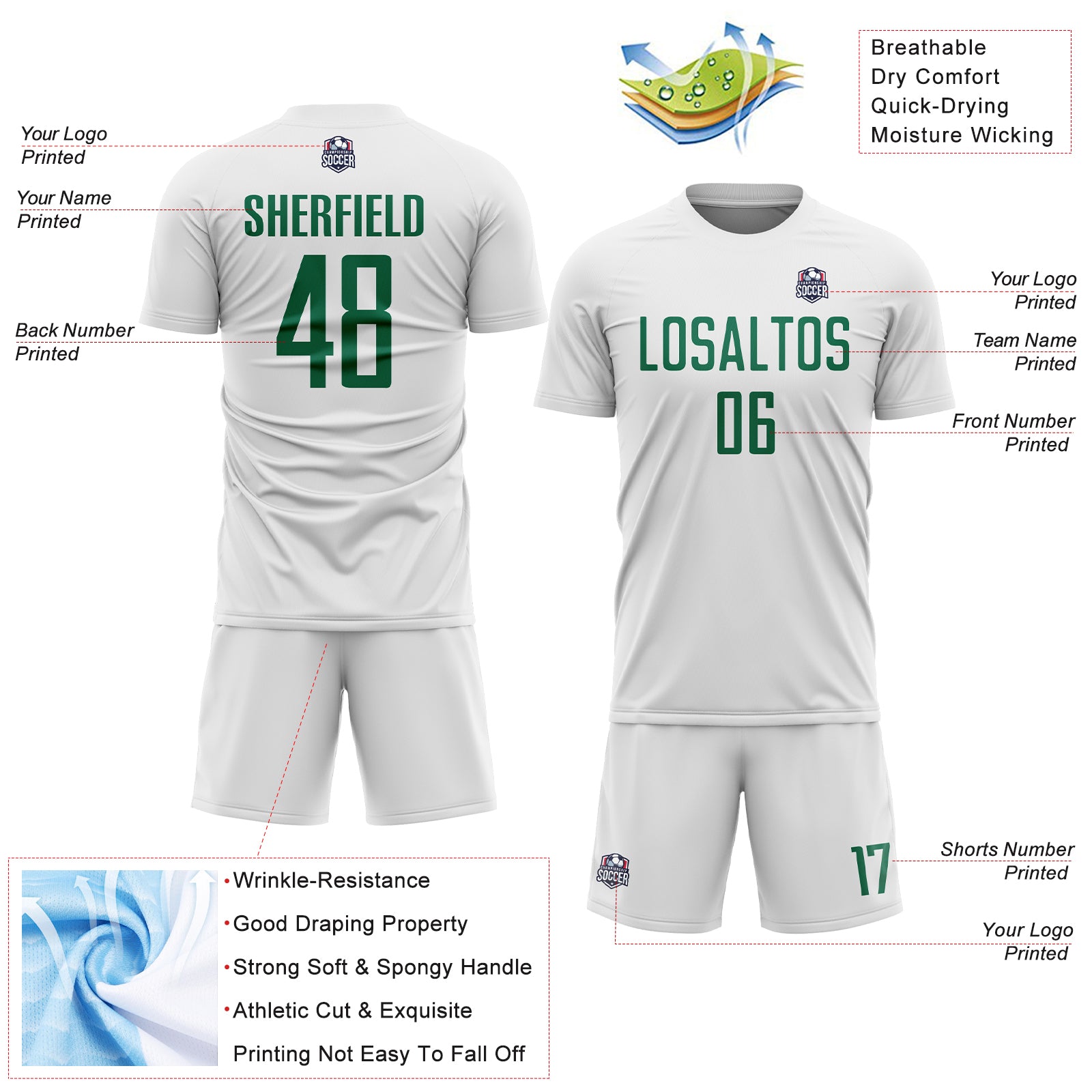Custom White Kelly Green Sublimation Soccer Uniform Jersey
