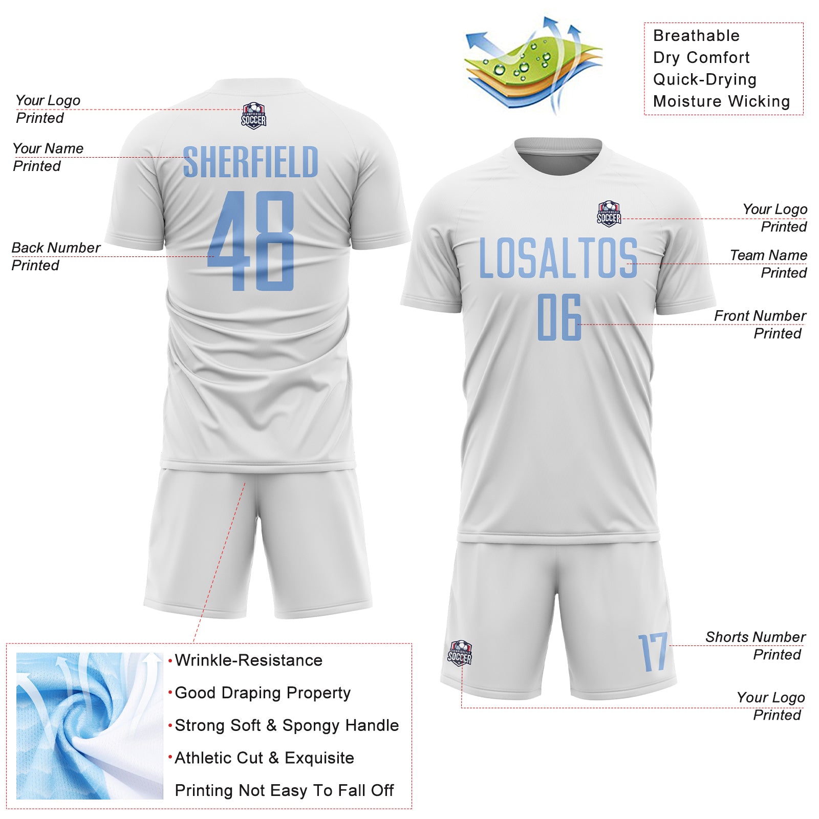 Custom White Light Blue Sublimation Soccer Uniform Jersey