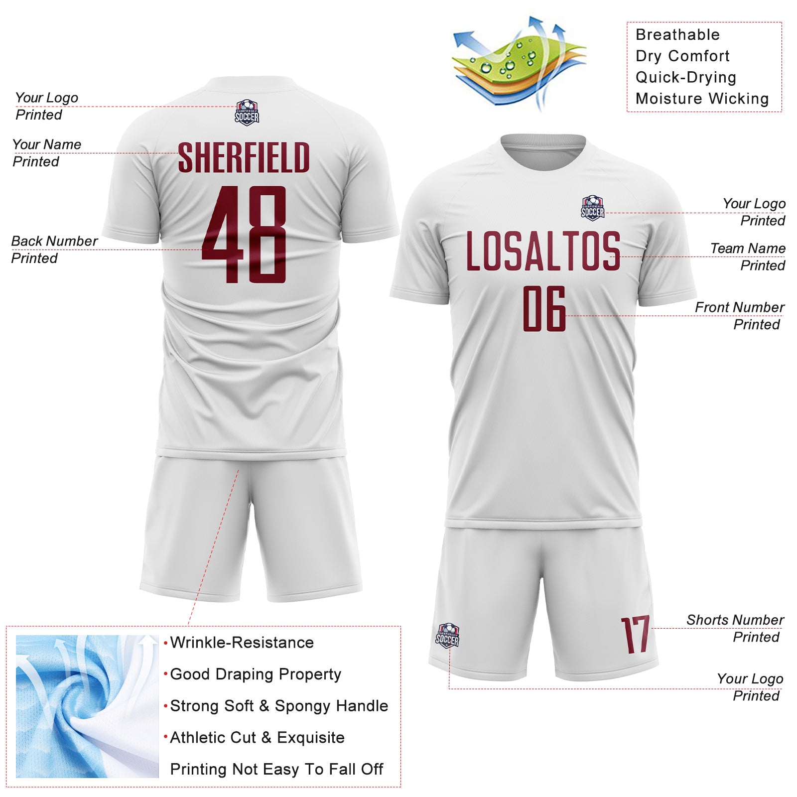 Custom White Crimson Sublimation Soccer Uniform Jersey