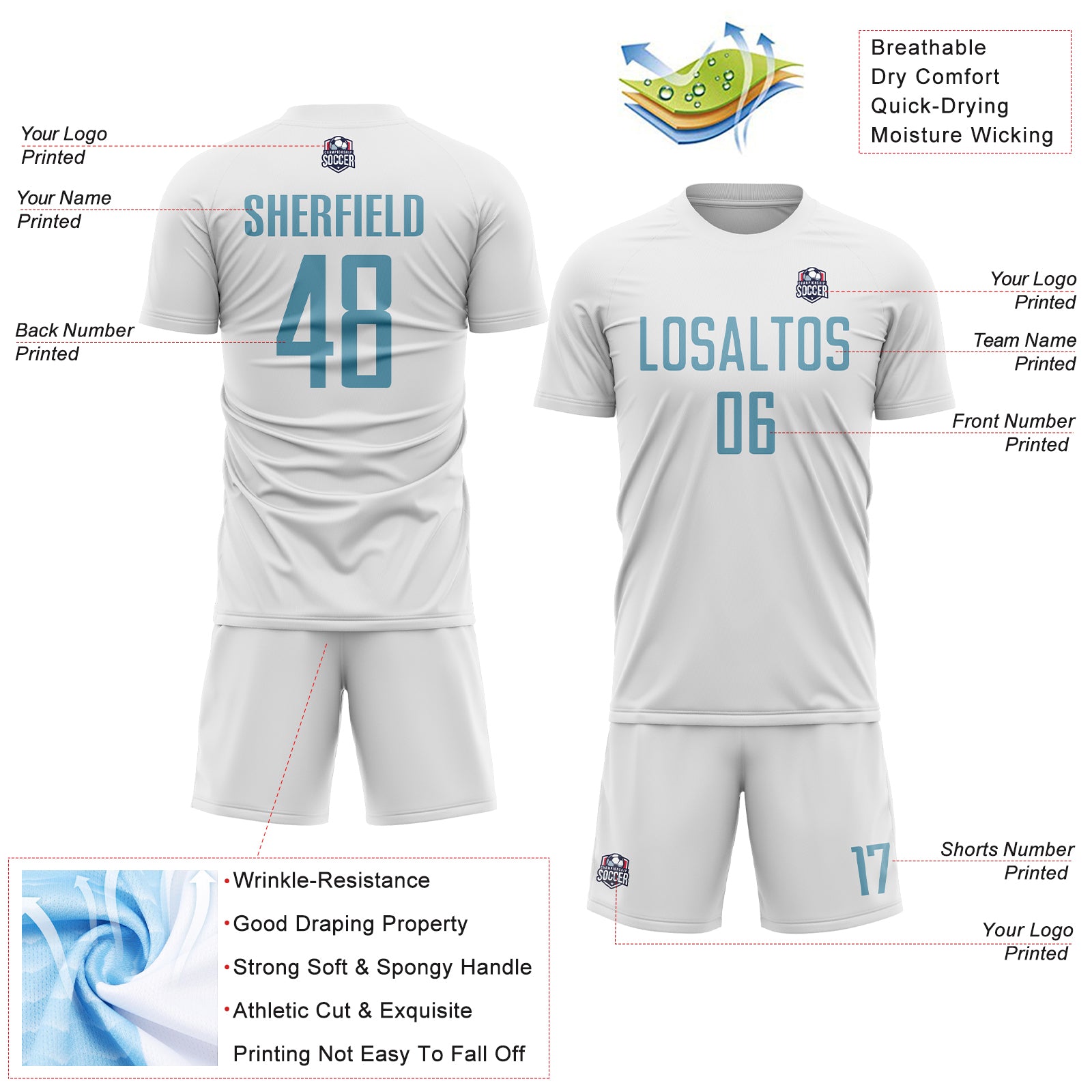 Custom White Shadow Blue Sublimation Soccer Uniform Jersey
