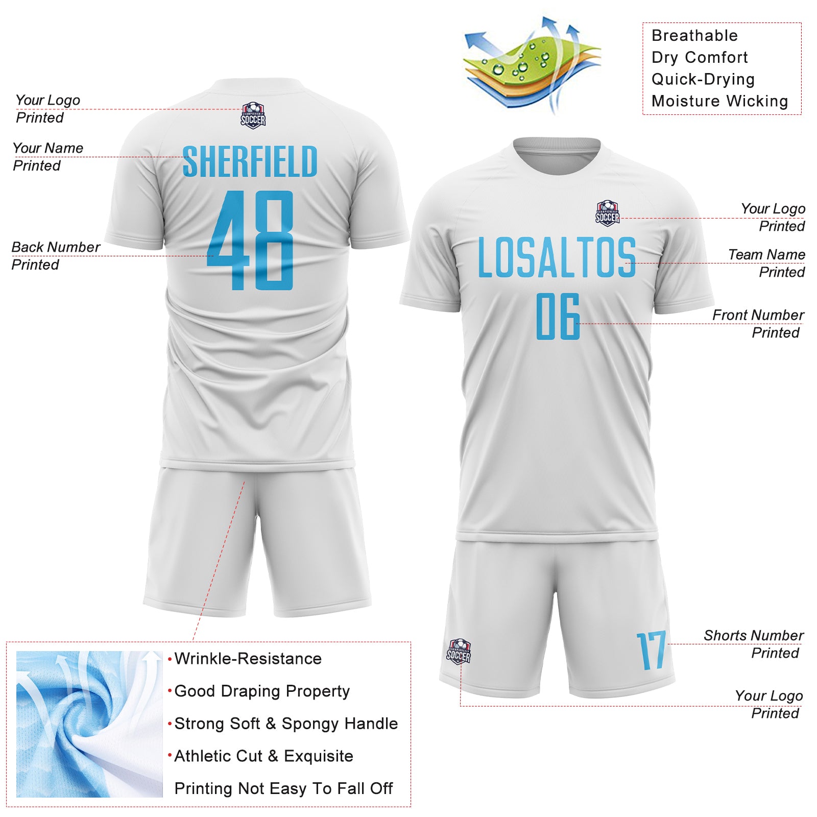 Custom White Sky Blue Sublimation Soccer Uniform Jersey