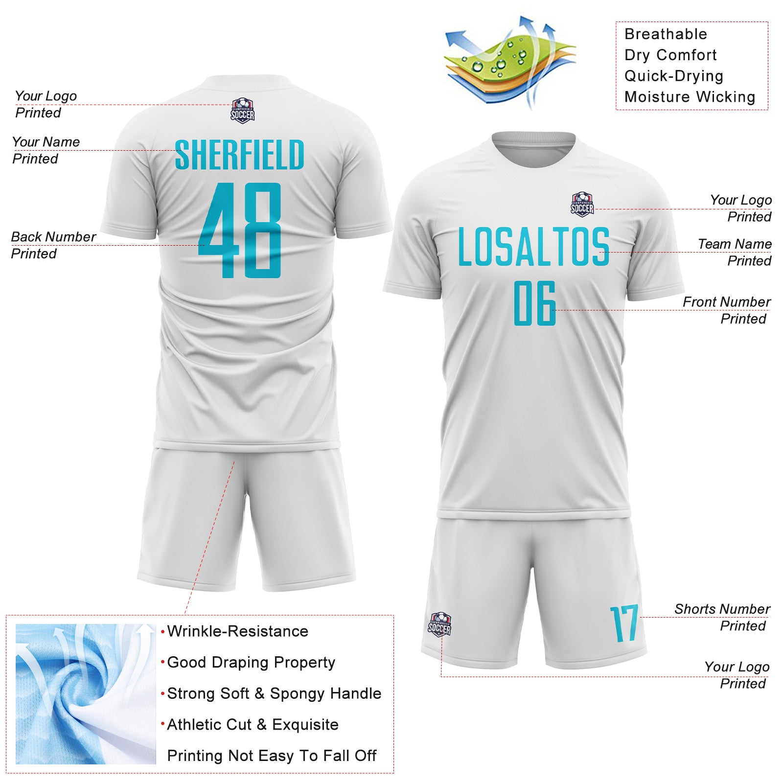 Custom White Lakes Blue Sublimation Soccer Uniform Jersey