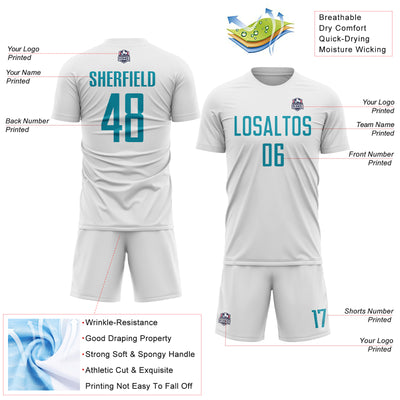 Custom White Teal Sublimation Soccer Uniform Jersey