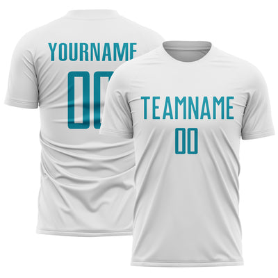 Custom White Teal Sublimation Soccer Uniform Jersey